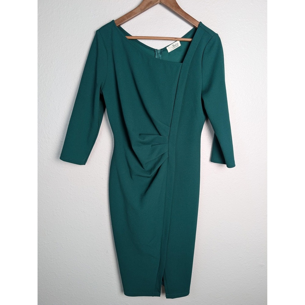 Mirze Dress Womens L Green Midi‎ Sheath 3/4 Sleeve Square Neck Pleated Workwear
